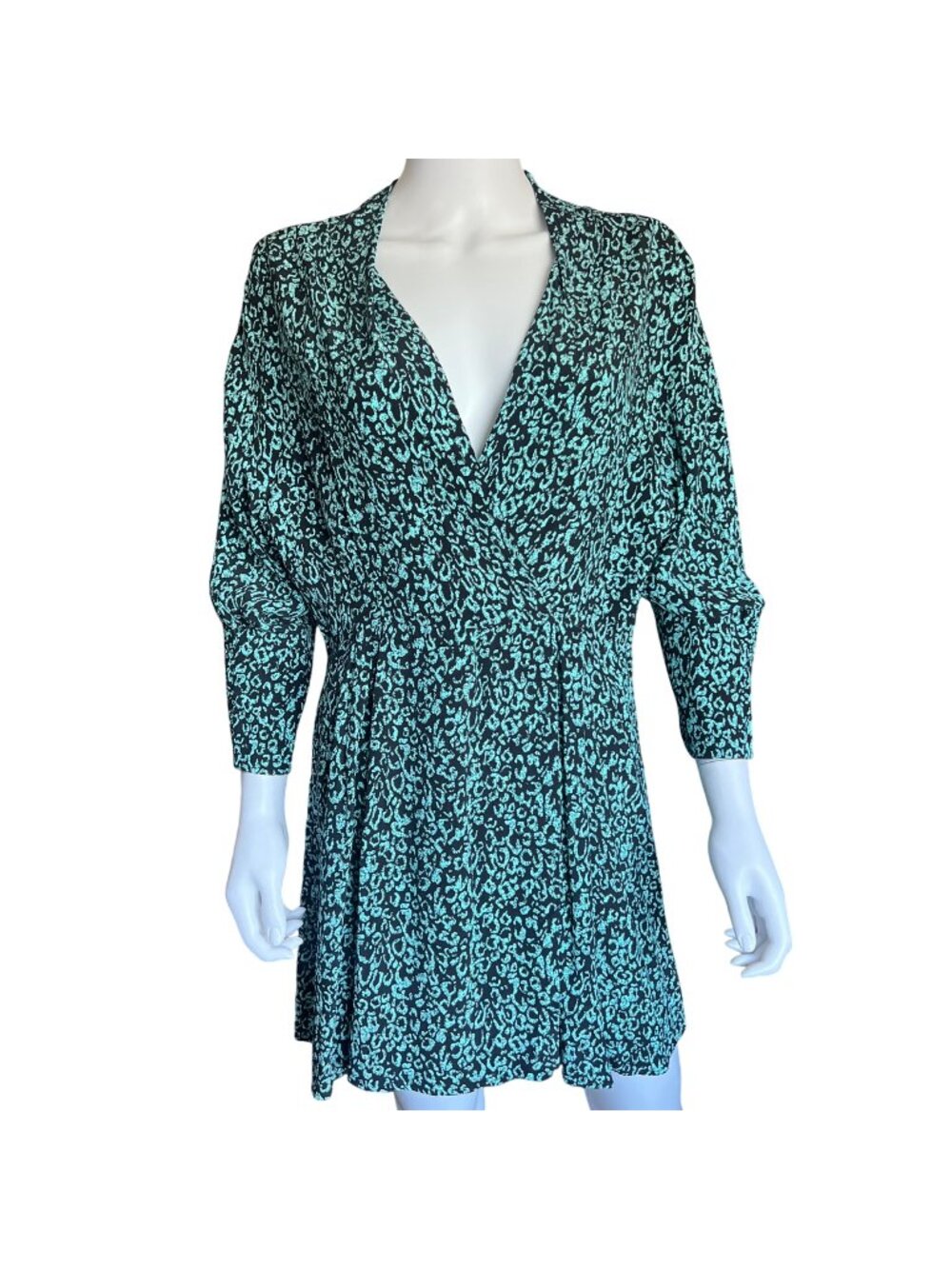 Zara Wrap Dress Womens L Green & Black Leopard Print Long-Sleeve Mini